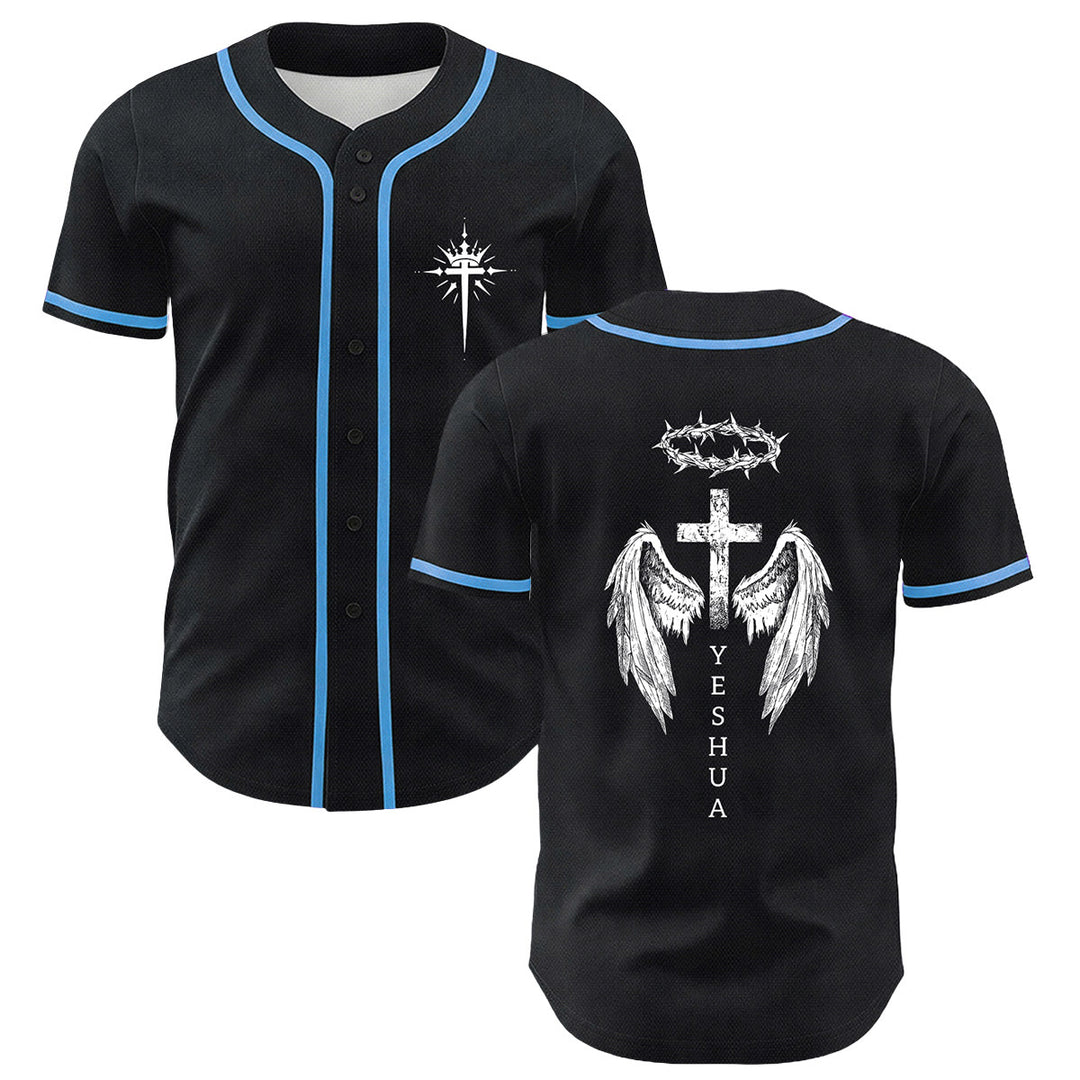 Christianartworkshop Yeshua Corona di Spine Croce Ali d'Angelo Maglia da baseball unisex - Blu - 5XL - image 6