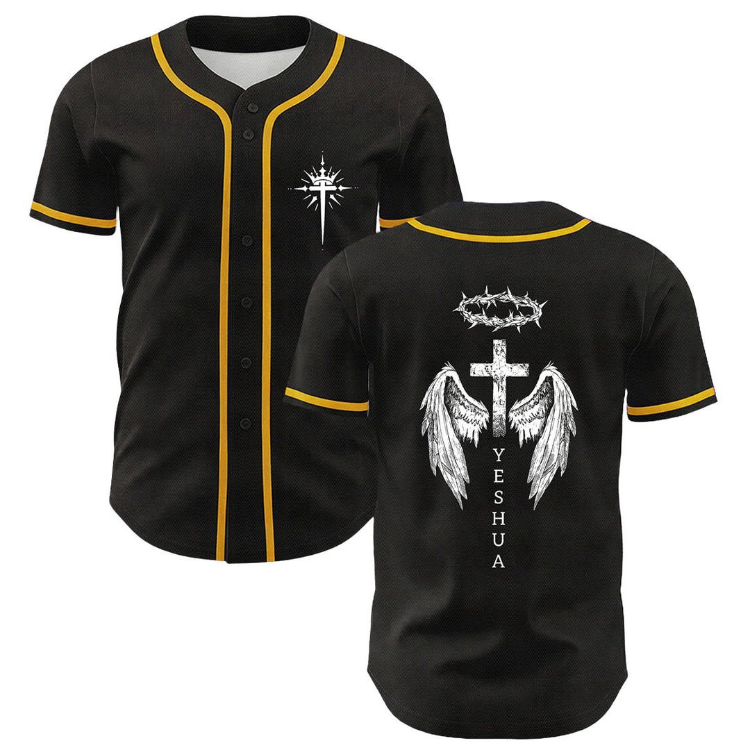 Christianartworkshop Yeshua Corona di Spine Croce Ali d'Angelo Maglia da baseball unisex - Giallo - 5XL - image 3