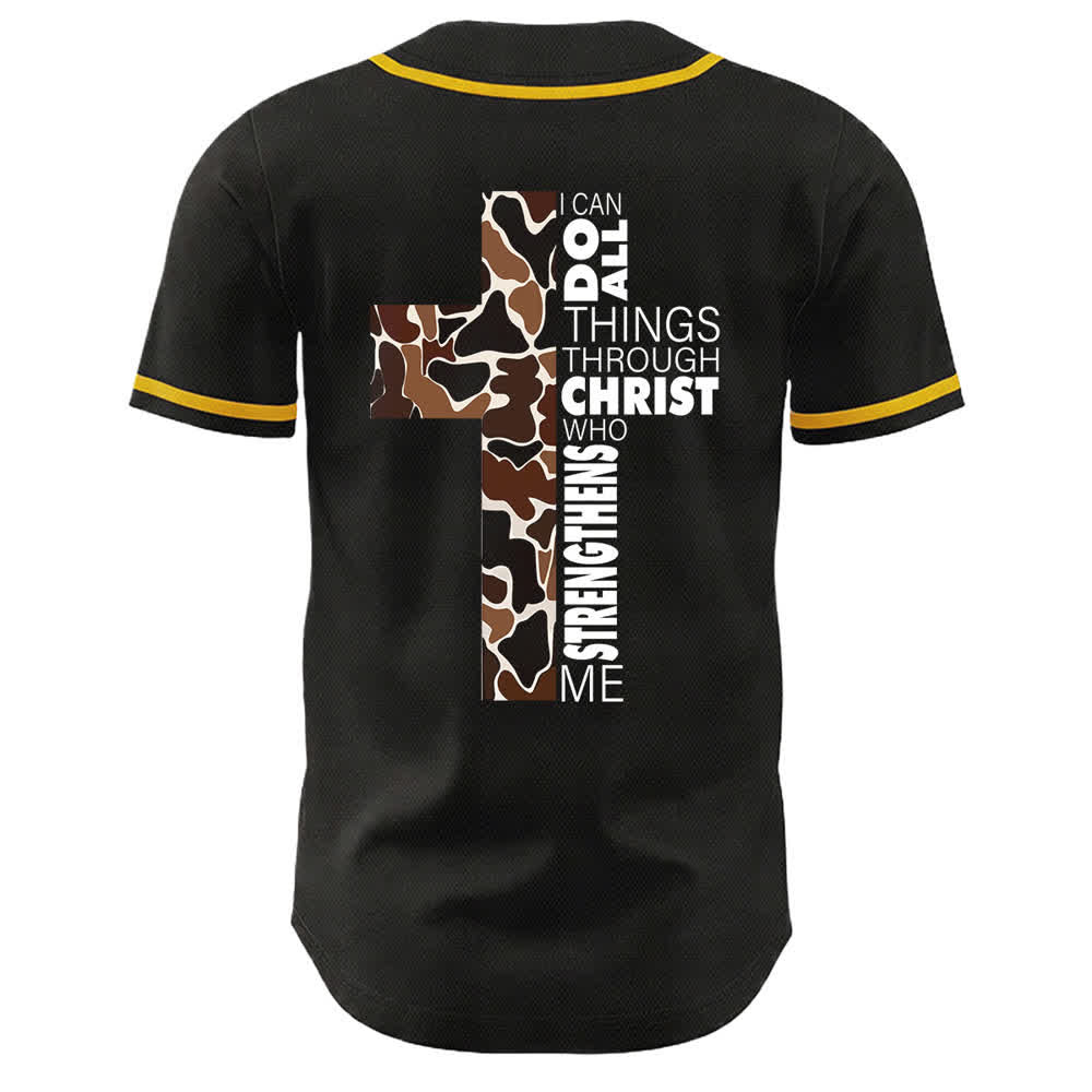Christianartworkshop Maglia da baseball unisex con stampa leopardata e croce "Posso fare ogni cosa in Cristo" - image 1