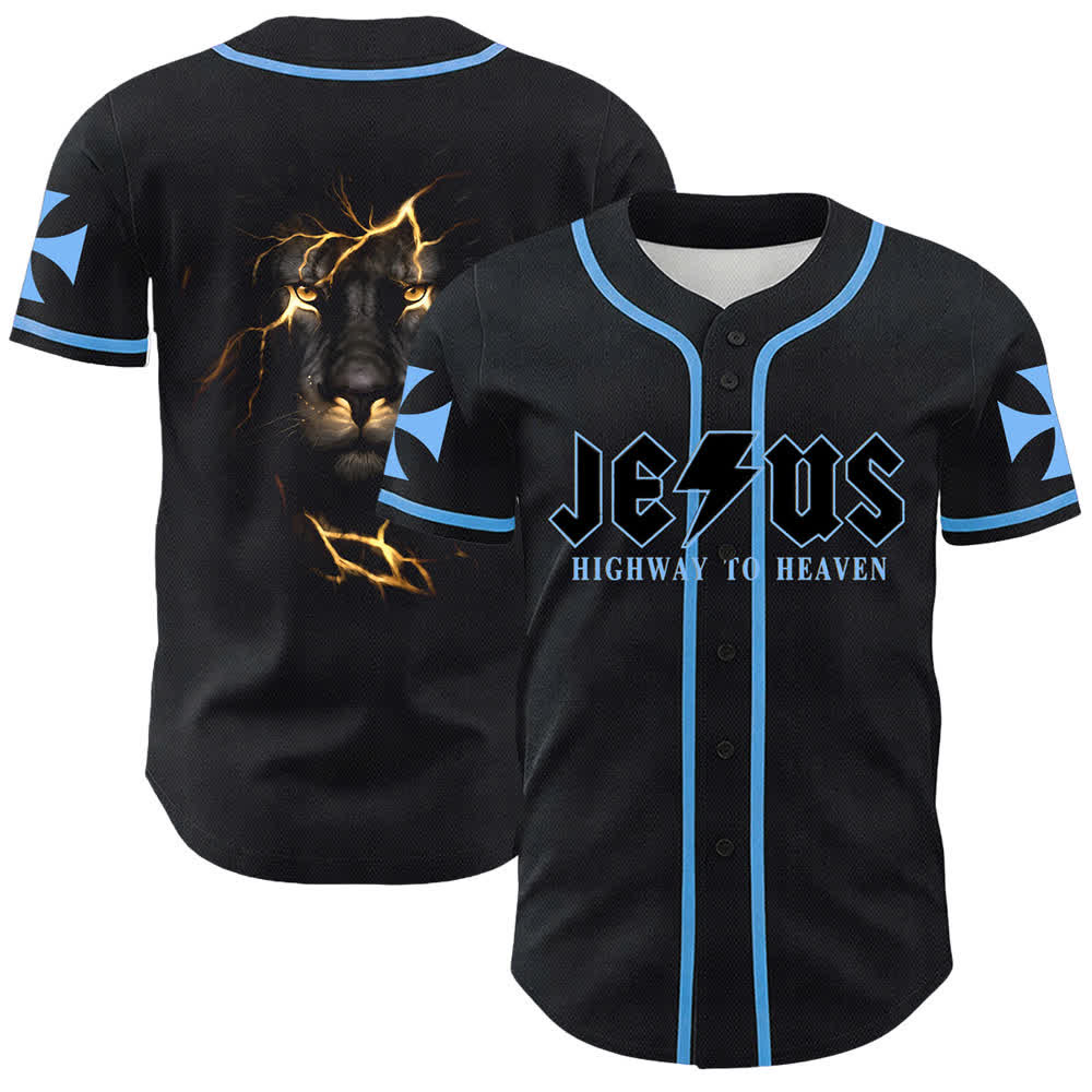 Christianartworkshop Jesus Highway To Heaven Lion Of Judah Unisex Baseball Jersey - Blu - 5XL - image 12