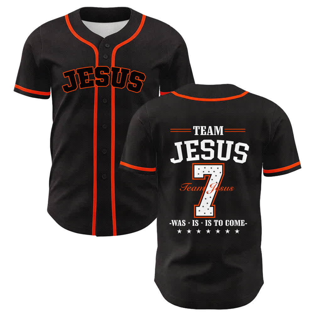 Maglia da baseball unisex Christianartworkshop Team Jesus Number 7 Was Is To Come - Arancia - 5XL - image 15