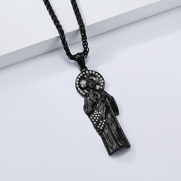 Christianartworkshop Collana con ciondolo cubano di San Giuda Taddeo con aureola di strass: emblema di salvezza in caso di fortuna disperata - Nero - image 6