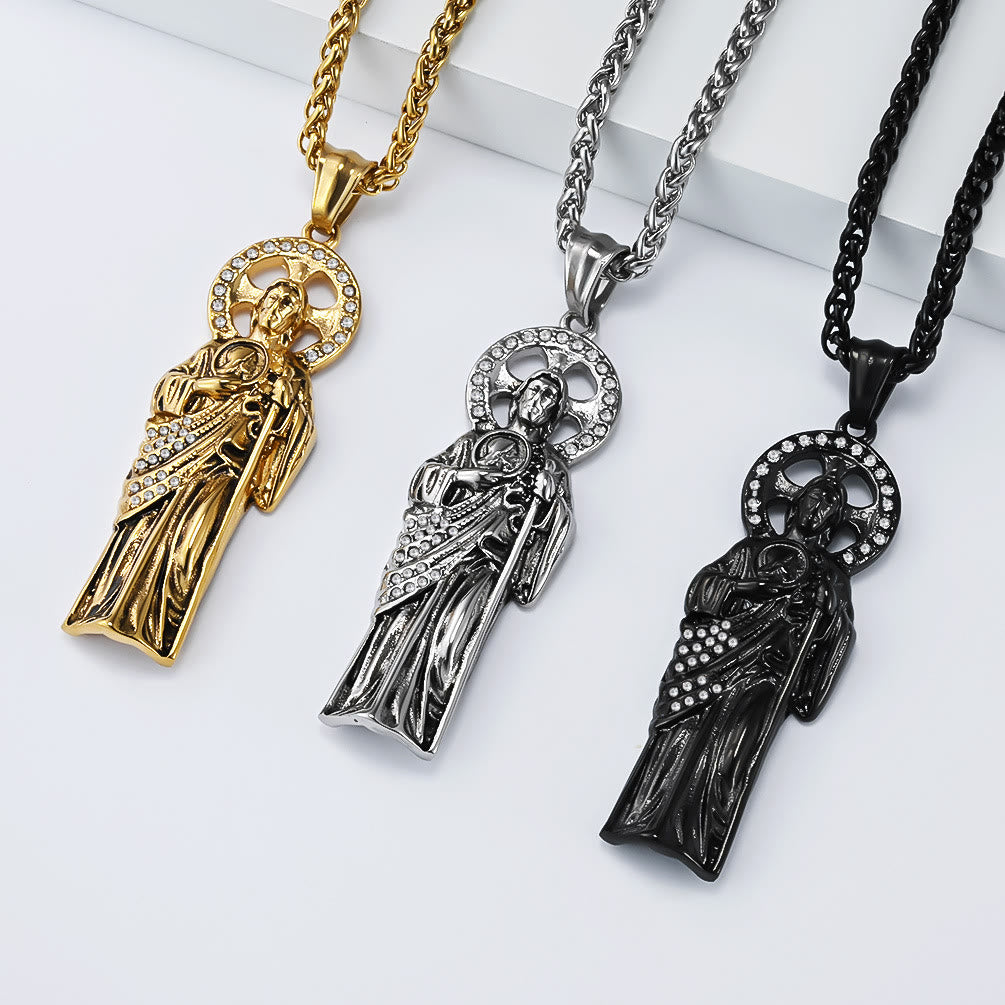 Christianartworkshop Collana con ciondolo cubano di San Giuda Taddeo con aureola di strass: emblema di salvezza in caso di fortuna disperata - image 0