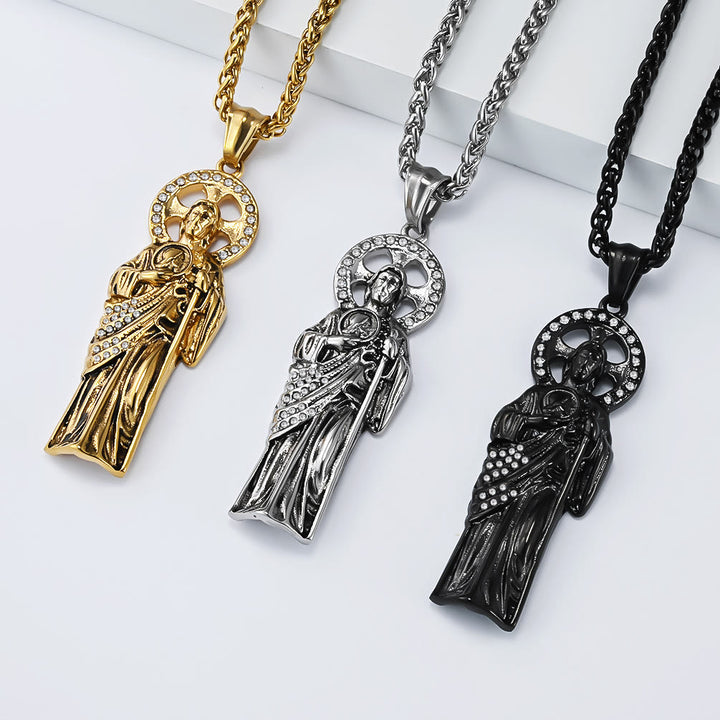 Christianartworkshop Collana con ciondolo cubano di San Giuda Taddeo con aureola di strass: emblema di salvezza in caso di fortuna disperata - image 0