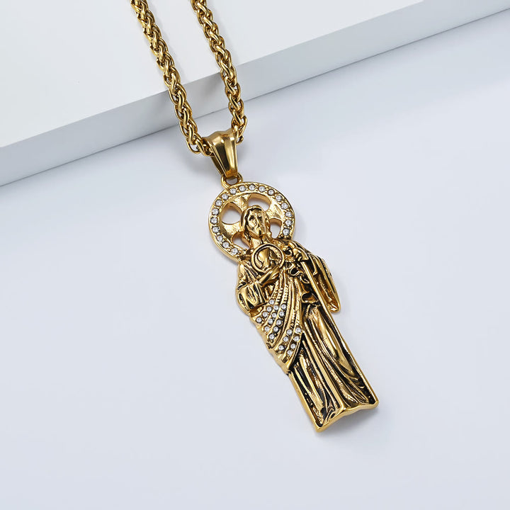 Christianartworkshop Collana con ciondolo cubano di San Giuda Taddeo con aureola di strass: emblema di salvezza in caso di fortuna disperata - D'oro - image 2