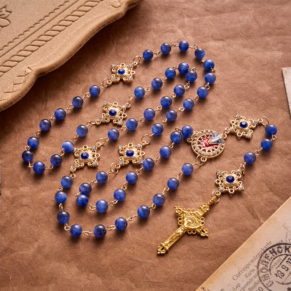 Christianartworkshop Rosario vintage con perle blu occhio di gatto in filigrana: emblema di serena radiosità celeste. - Rosario Occhi di Gatto Blu - image 0