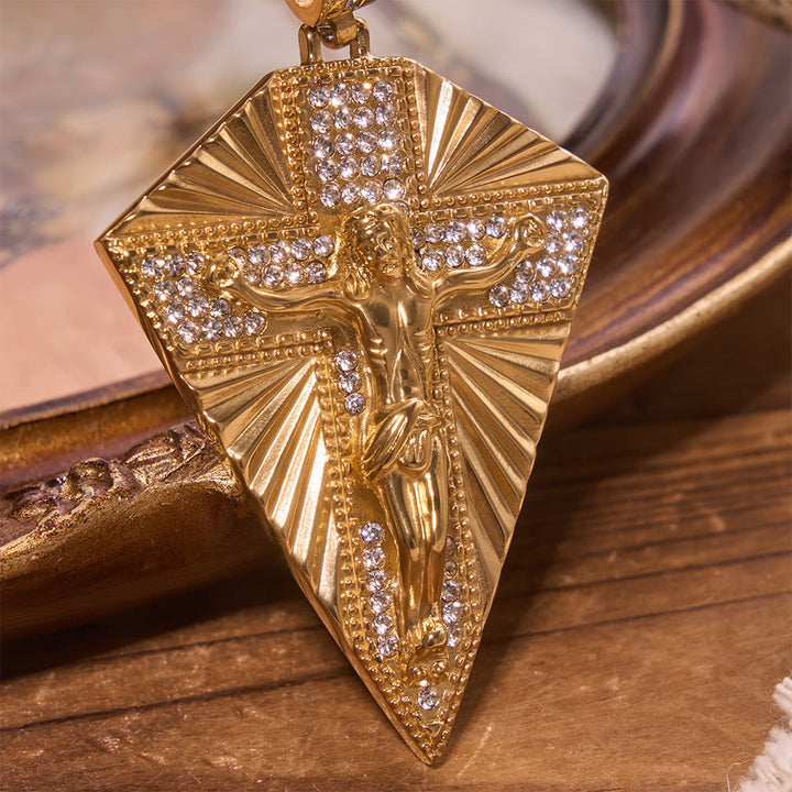 Christianartworkshop Collana con ciondolo a crocifisso con diamanti a raggiera: emblema della luce celeste redentrice - image 1