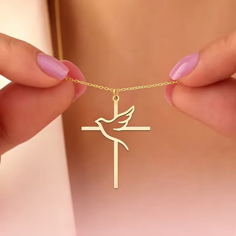 Christianartworkshop Collana con ciondolo a croce e colomba dal profilo minimalista: emblema di pura pace celeste. - D'oro - image 0