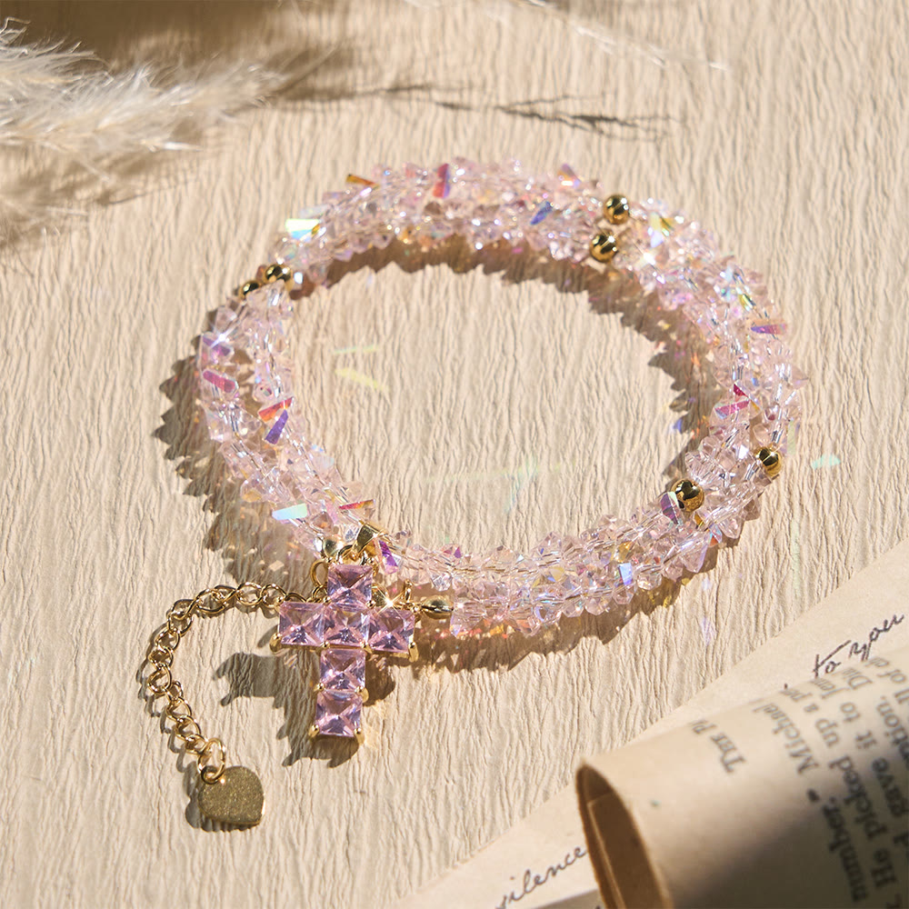 Christianartworkshop Bracciale con ciondolo a croce e perline di cristallo sfaccettate: emblema di una scintillante benedizione celeste. - Rosa - image 0