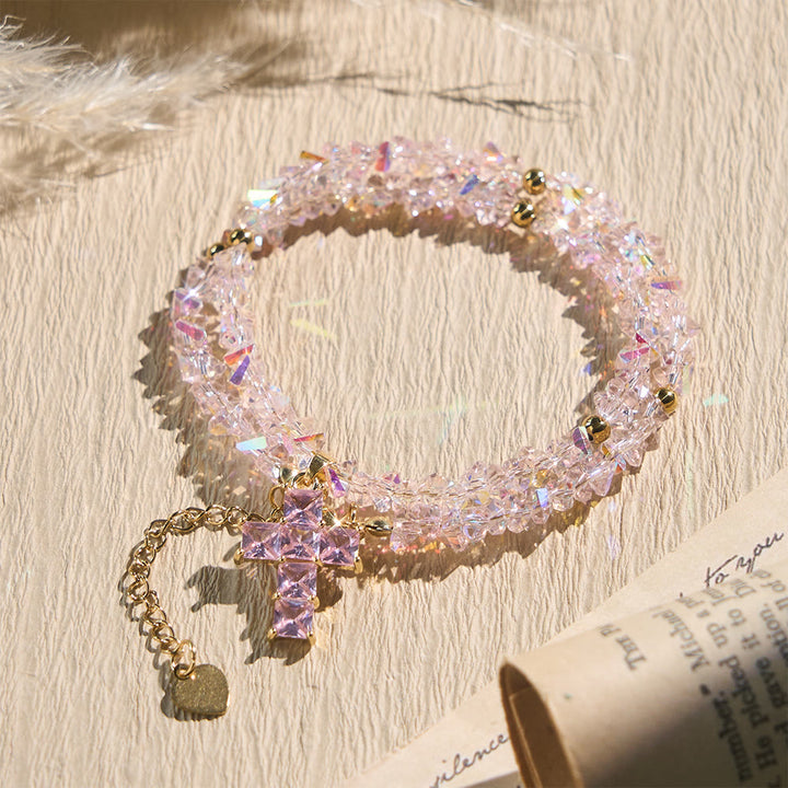 Christianartworkshop Bracciale con ciondolo a croce e perline di cristallo sfaccettate: emblema di una scintillante benedizione celeste. - Rosa - image 0