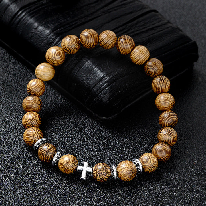 Christianartworkshop Bracciale elastico con croce e perline di legno naturale: emblema di un rifugio celeste stabile. - image 10