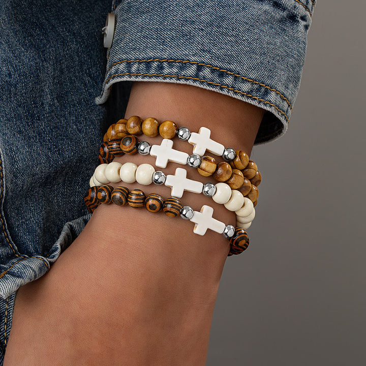 Christianartworkshop Bracciale elastico con croce e perline di legno naturale: emblema di un rifugio celeste stabile. - E - image 4