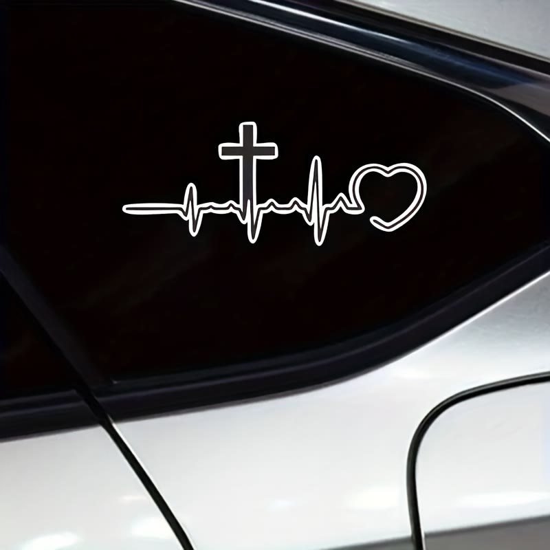 Christianartworkshop Adesivo per auto con linea ECG, croce e cuore: emblema di un amore celeste che dura tutta la vita. - image 1