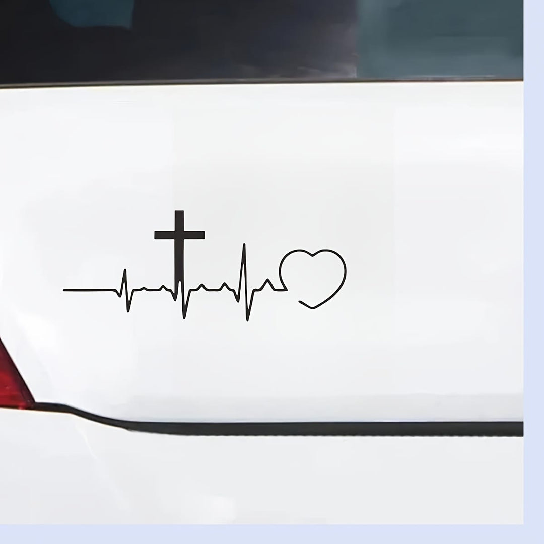 Christianartworkshop Adesivo per auto con linea ECG, croce e cuore: emblema di un amore celeste che dura tutta la vita. - image 2