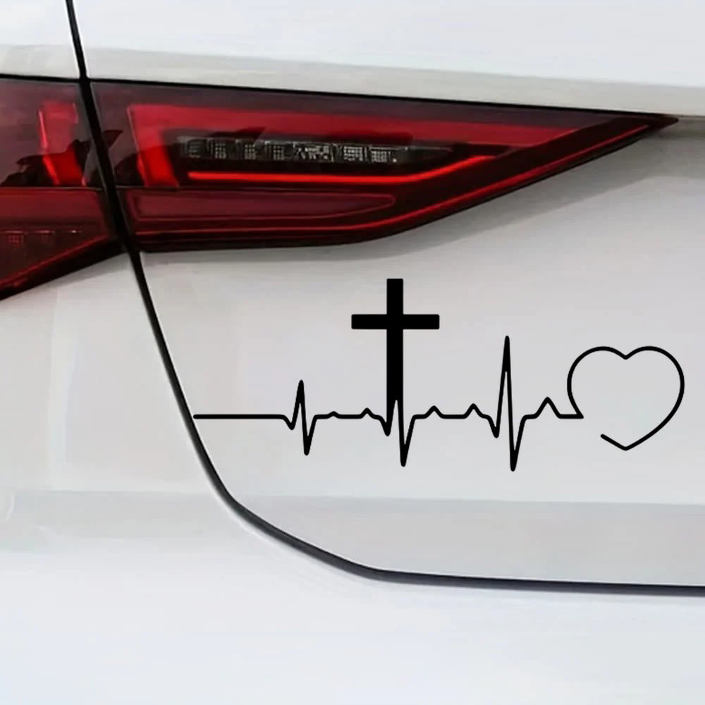 Christianartworkshop Adesivo per auto con linea ECG, croce e cuore: emblema di un amore celeste che dura tutta la vita. - image 3