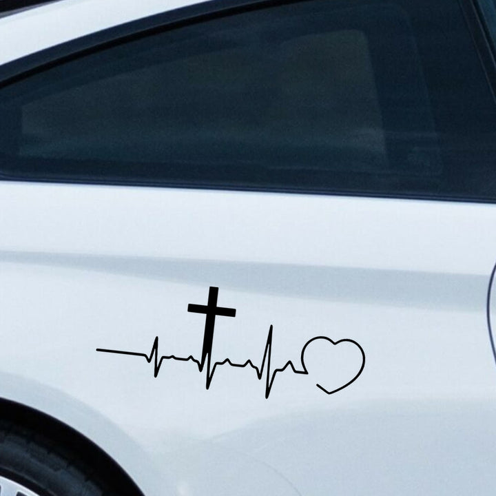 Christianartworkshop Adesivo per auto con linea ECG, croce e cuore: emblema di un amore celeste che dura tutta la vita. - image 5