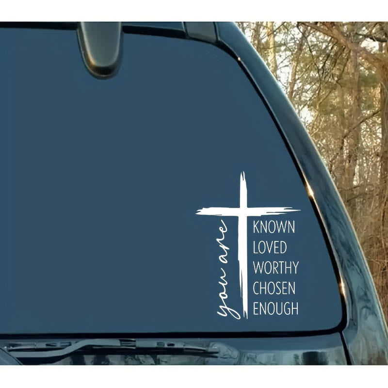Christianartworkshop Adesivo per auto con croce a pennellate e messaggio di affermazione: emblema di calda autoaffermazione celeste. - image 1
