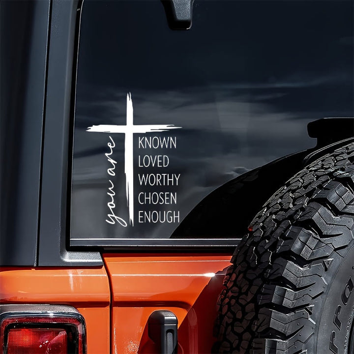 Christianartworkshop Adesivo per auto con croce a pennellate e messaggio di affermazione: emblema di calda autoaffermazione celeste. - image 2