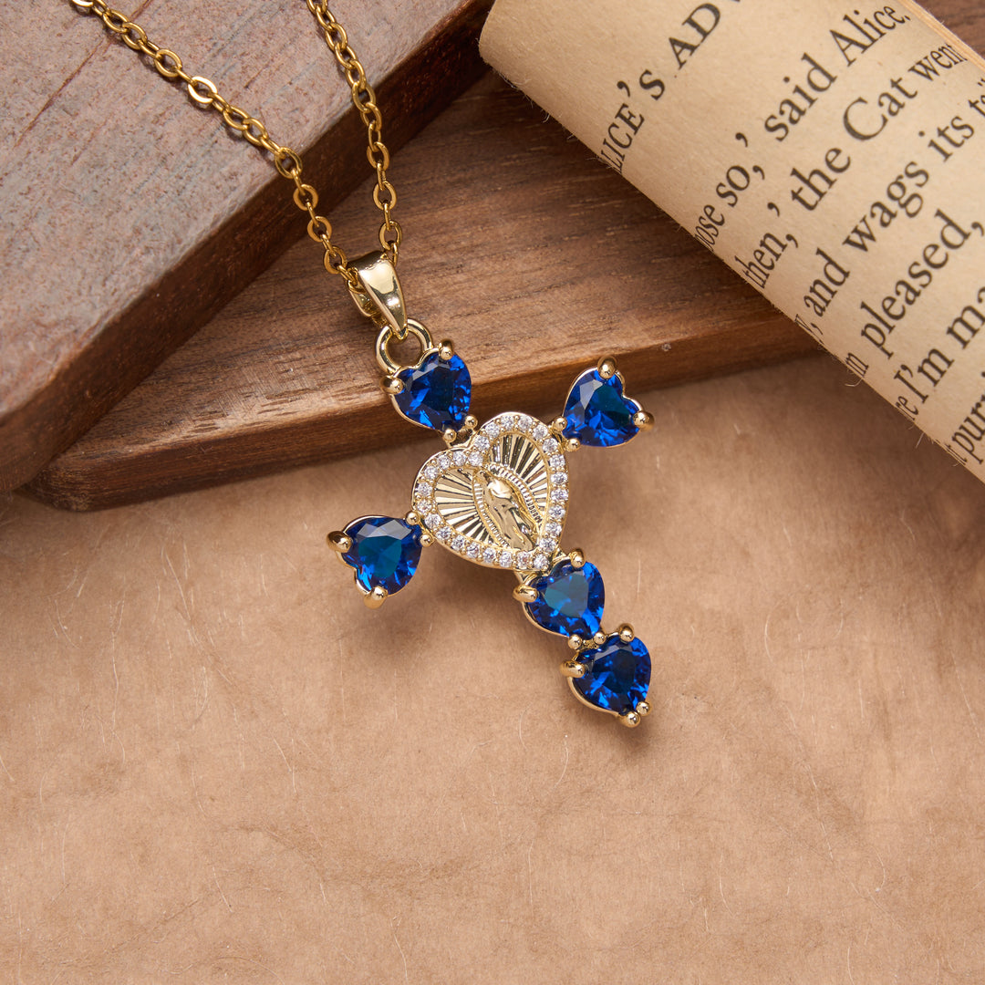 Christianartworkshop Collana con ciondolo a forma di croce della Vergine Maria con gemma a forma di cuore: emblema di tenera benedizione celeste. - Blu scuro - image 4