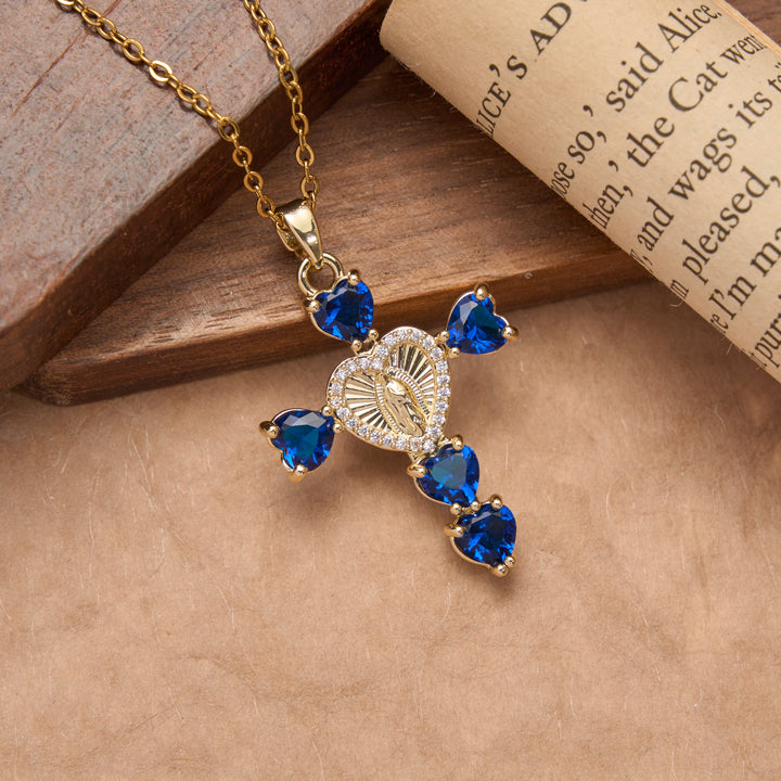 Christianartworkshop Collana con ciondolo a forma di croce della Vergine Maria con gemma a forma di cuore: emblema di tenera benedizione celeste. - Blu scuro - image 4