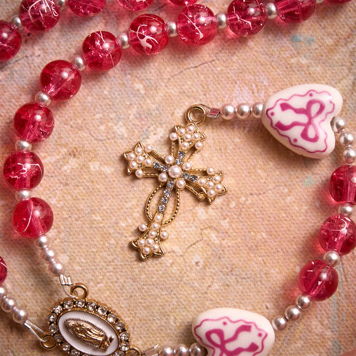 Christianartworkshop Rosario in vetro rosa craquelé con perline a forma di cuore in ceramica e medaglia della Madonna. - image 10