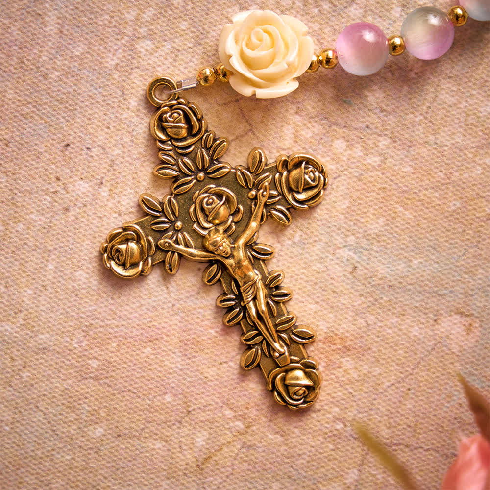 Christianartworkshop Rosario con rose in vetro colorato sfumato e medaglione di Santa Teresa - image 7
