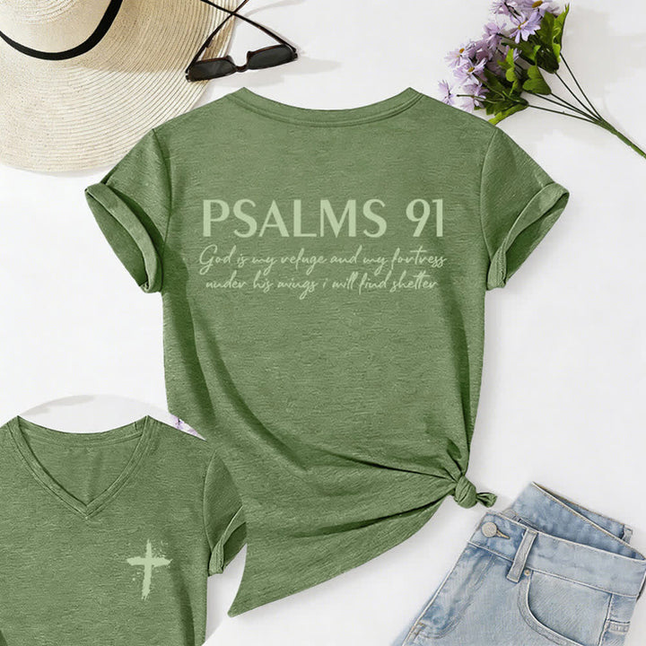 Christianartworkshop Maglietta da donna con scollo a V e orlo annodato a croce, Salmi 91 - Verde - 2XL - image 10