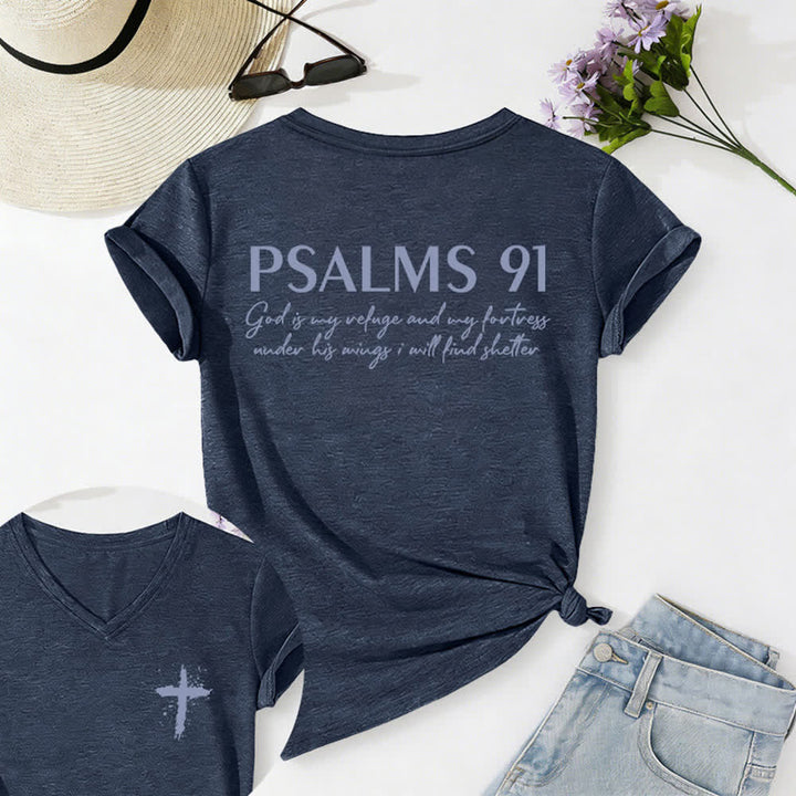 Christianartworkshop Maglietta da donna con scollo a V e orlo annodato a croce, Salmi 91 - Blu navy  - 2XL - image 15