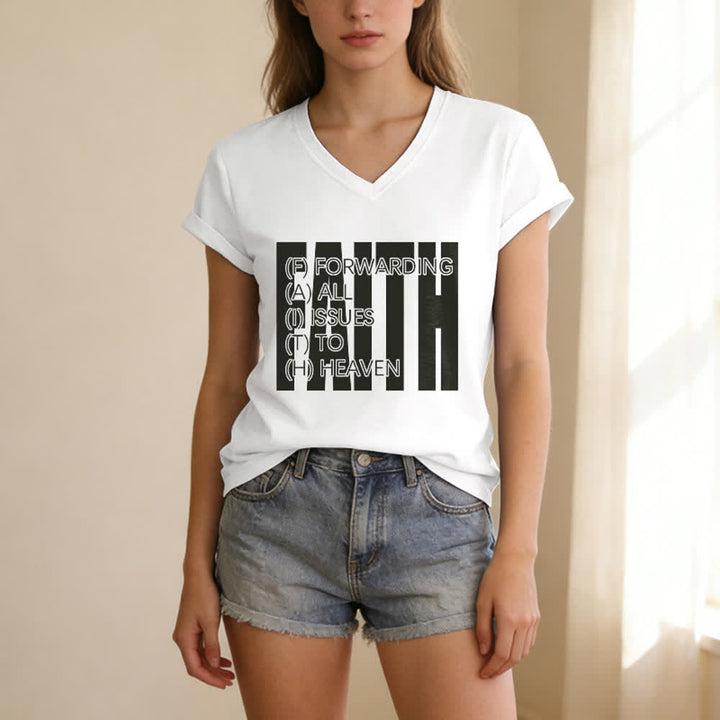 Christianartworkshop Maglietta da donna con scollo a V e maniche arrotolate con stampa Faith Block Print - image 1
