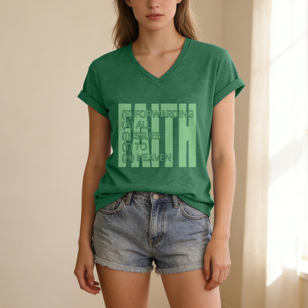 Christianartworkshop Maglietta da donna con scollo a V e maniche arrotolate con stampa Faith Block Print - image 5