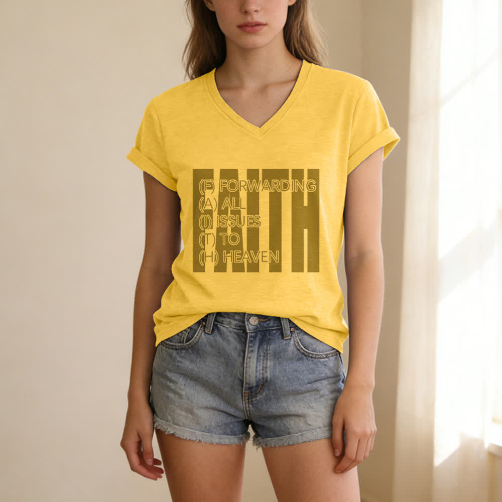 Christianartworkshop Maglietta da donna con scollo a V e maniche arrotolate con stampa Faith Block Print - image 13