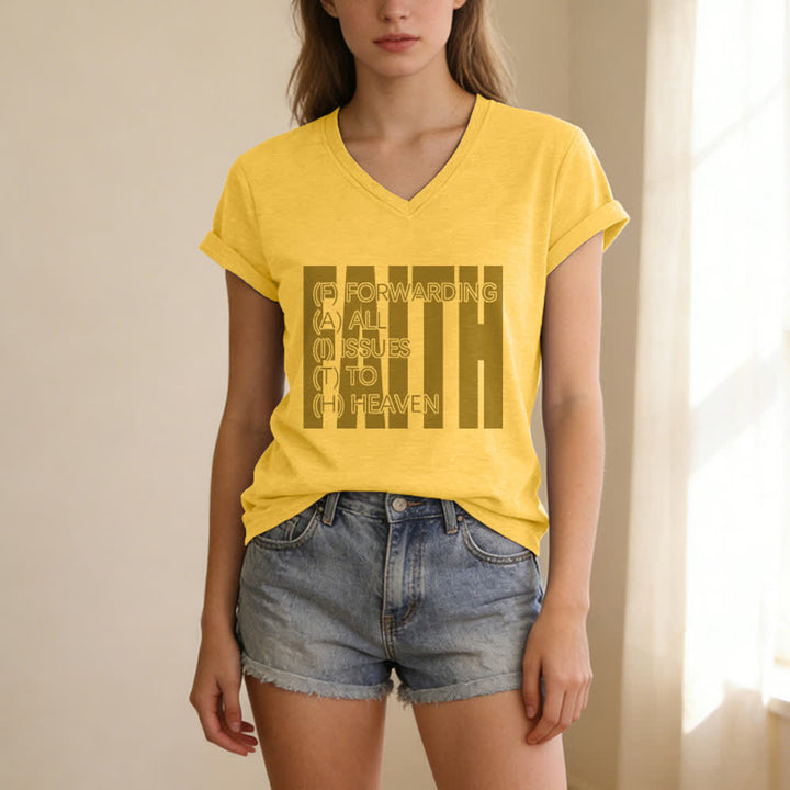Christianartworkshop Maglietta da donna con scollo a V e maniche arrotolate con stampa Faith Block Print - image 13