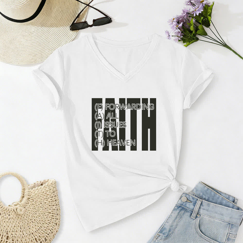 Christianartworkshop Maglietta da donna con scollo a V e maniche arrotolate con stampa Faith Block Print - Bianco - 2XL - image 0