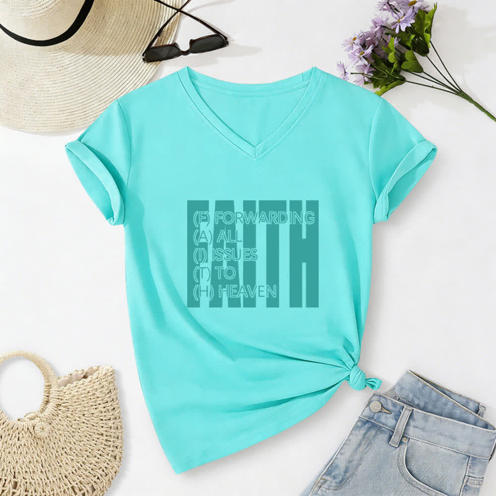 Christianartworkshop Maglietta da donna con scollo a V e maniche arrotolate con stampa Faith Block Print - Blu - 2XL - image 22