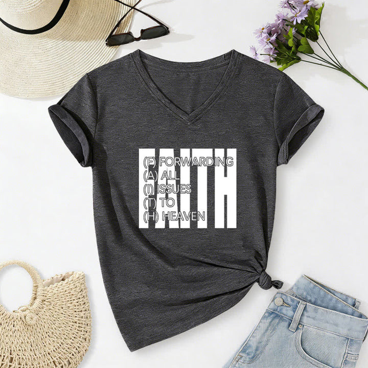 Christianartworkshop Maglietta da donna con scollo a V e maniche arrotolate con stampa Faith Block Print - Grigio scuro - 2XL - image 10