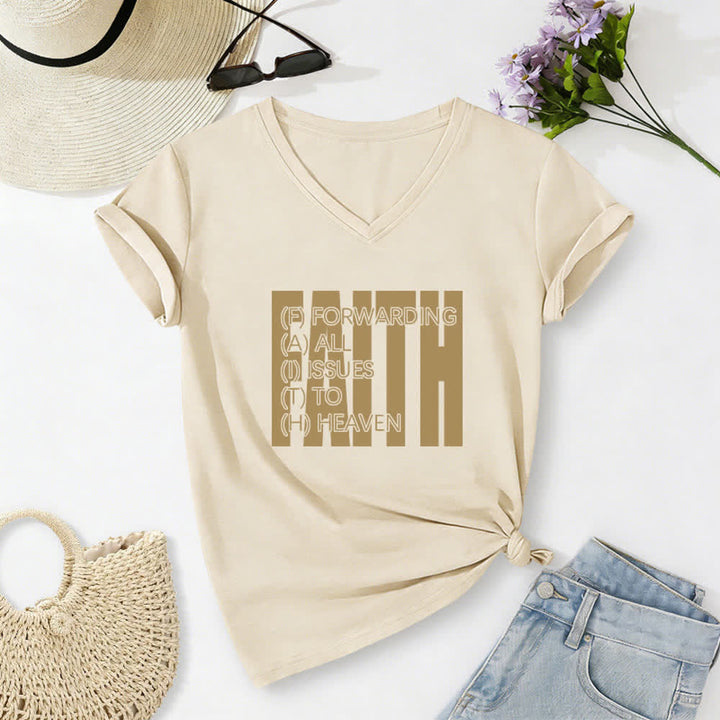 Christianartworkshop Maglietta da donna con scollo a V e maniche arrotolate con stampa Faith Block Print - Beige - 2XL - image 24