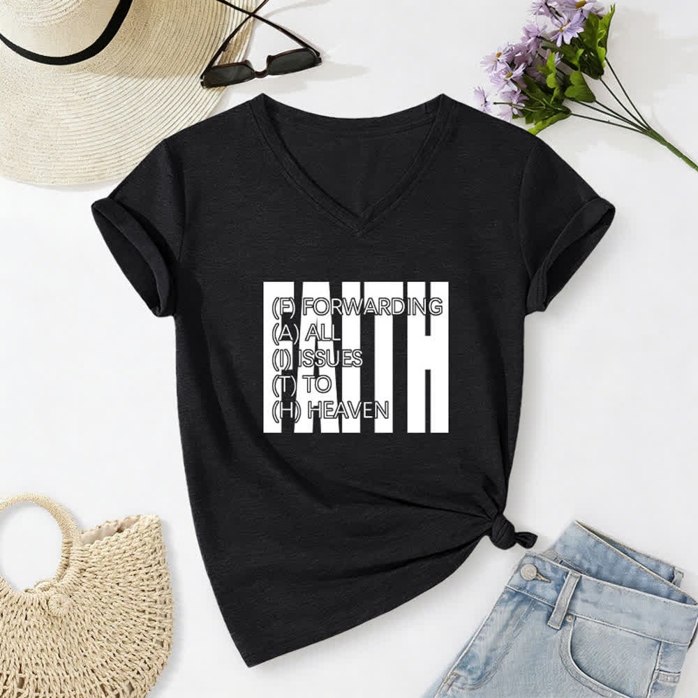 Christianartworkshop Maglietta da donna con scollo a V e maniche arrotolate con stampa Faith Block Print - Nero - 2XL - image 8