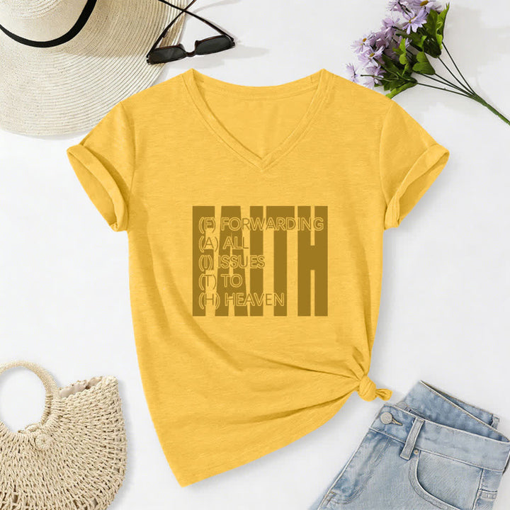 Christianartworkshop Maglietta da donna con scollo a V e maniche arrotolate con stampa Faith Block Print - Giallo - 2XL - image 12