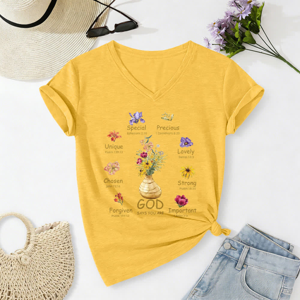 Christianartworkshop Dio dice che sei una maglietta da donna con scollo a V e stampa floreale. - Giallo - 2XL - image 22