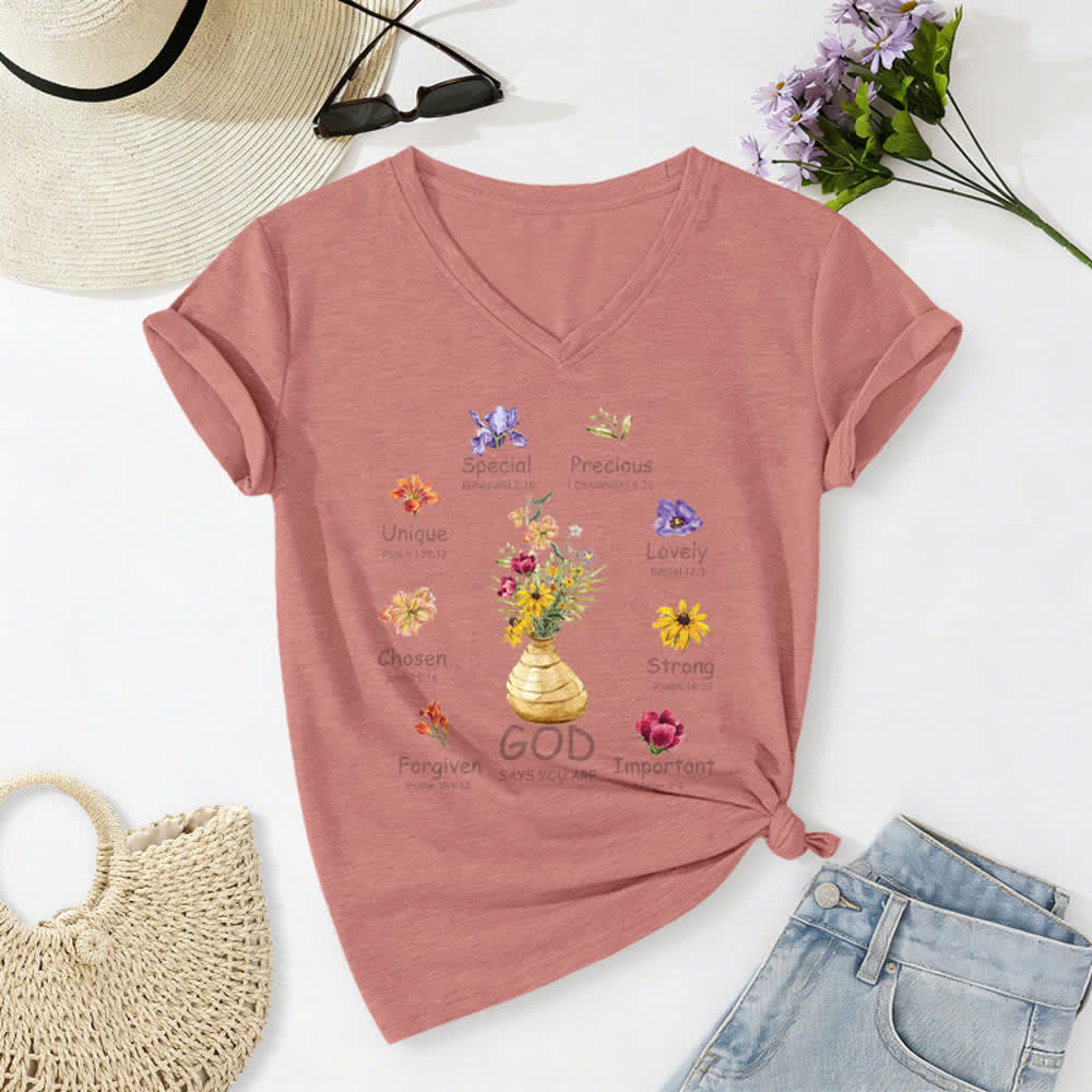 Christianartworkshop Dio dice che sei una maglietta da donna con scollo a V e stampa floreale. - Rosa - 2XL - image 8