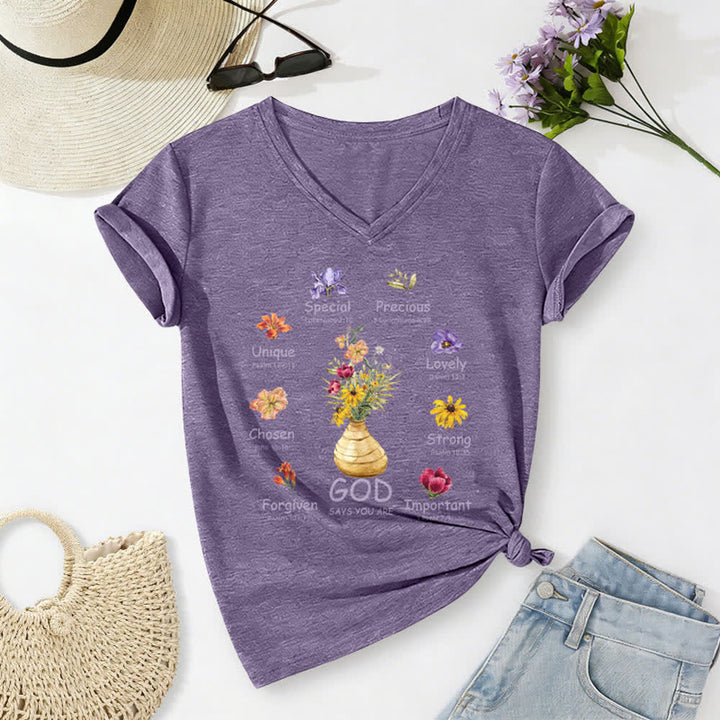 Christianartworkshop Dio dice che sei una maglietta da donna con scollo a V e stampa floreale. - Viola - 2XL - image 12