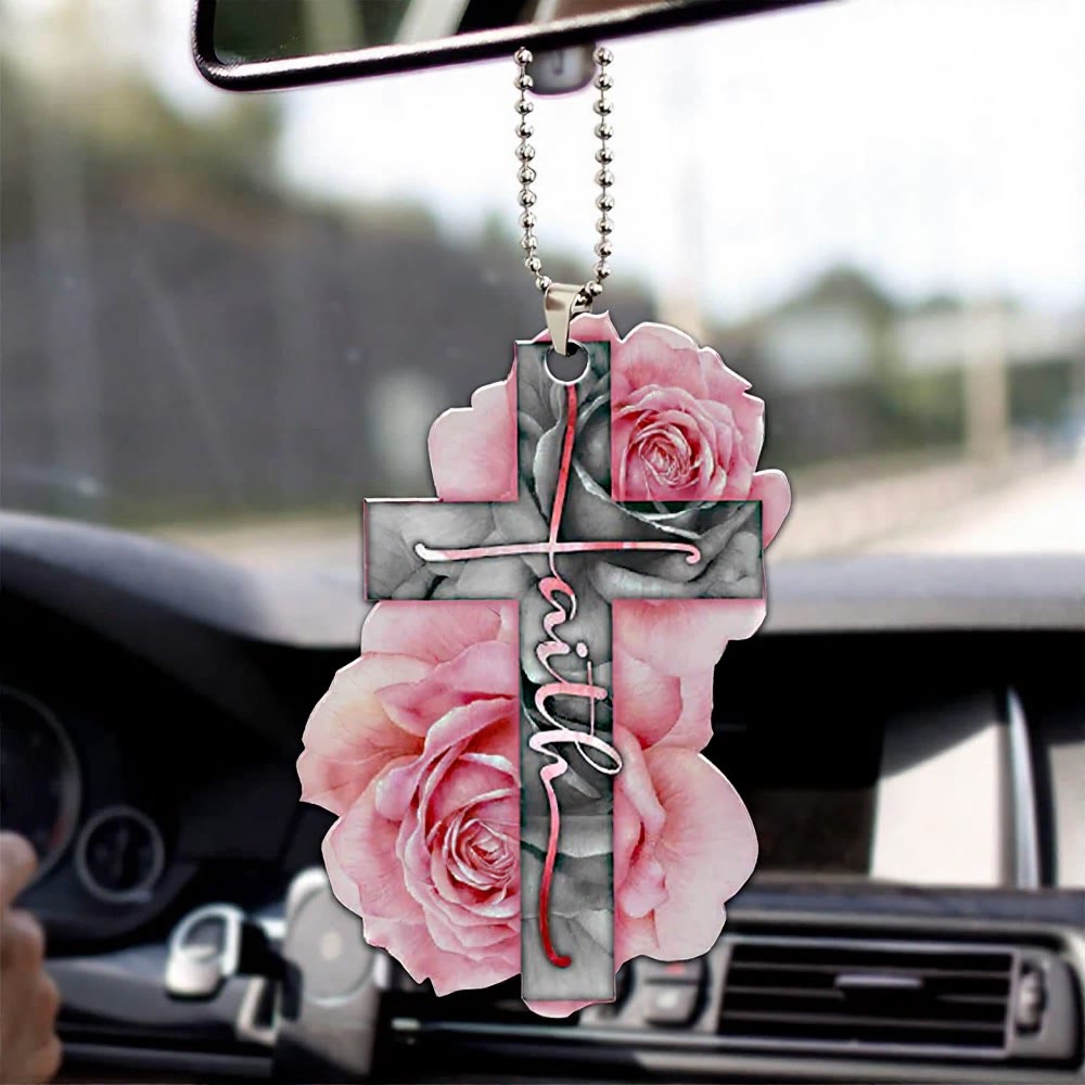 Christianartworkshop Ciondolo per auto a forma di croce floreale della fede: emblema di una calda benedizione per il viaggio celeste. - Rosa rosa - image 1