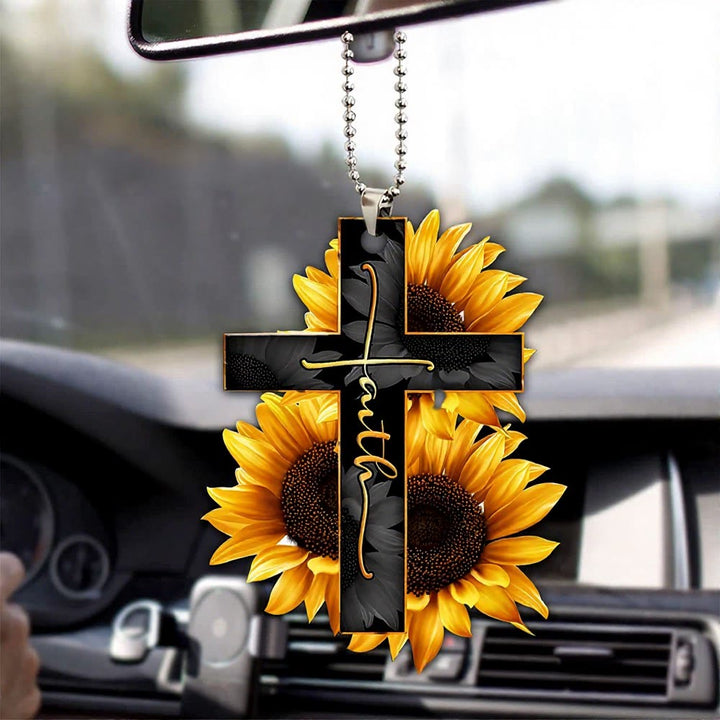 Christianartworkshop Ciondolo per auto a forma di croce floreale della fede: emblema di una calda benedizione per il viaggio celeste. - Girasole semplice - image 3