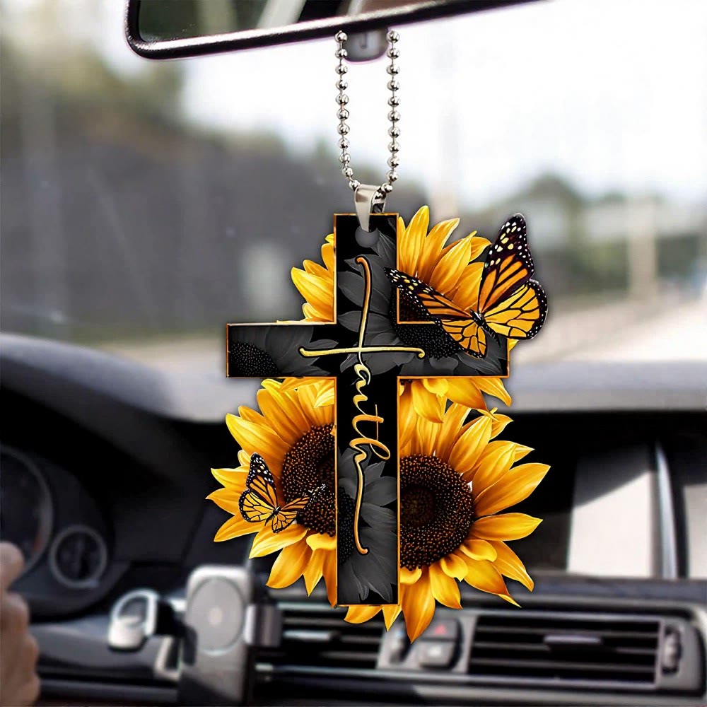 Christianartworkshop Ciondolo per auto a forma di croce floreale della fede: emblema di una calda benedizione per il viaggio celeste. - Girasole a doppia farfalla - image 6