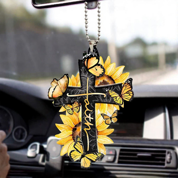 Christianartworkshop Ciondolo per auto a forma di croce floreale della fede: emblema di una calda benedizione per il viaggio celeste. - Farfalla monarca multipla del girasole - image 2