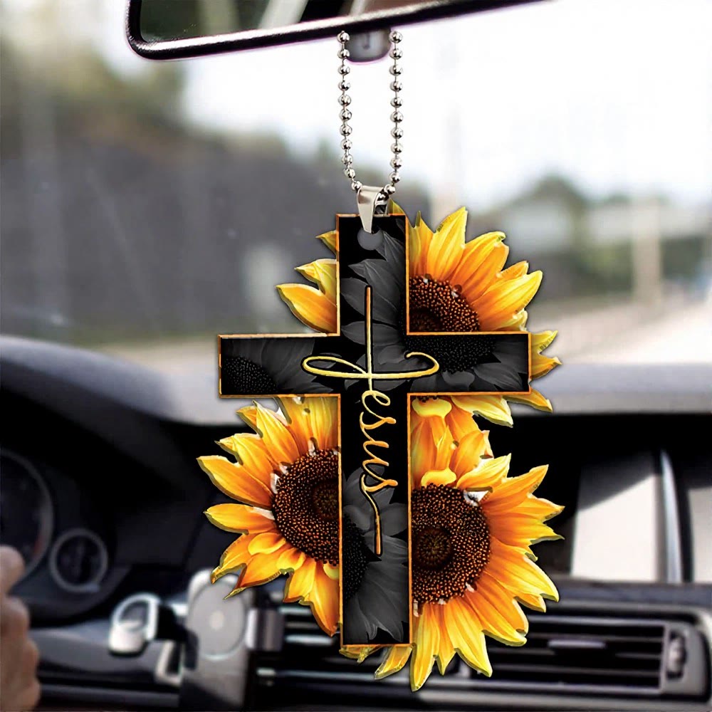 Christianartworkshop Ciondolo per auto a forma di croce floreale della fede: emblema di una calda benedizione per il viaggio celeste. - Gesù del girasole - image 0
