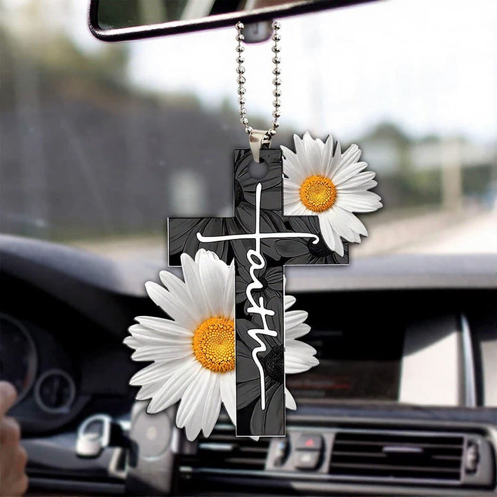 Christianartworkshop Ciondolo per auto a forma di croce floreale della fede: emblema di una calda benedizione per il viaggio celeste. - Margherita bianca piatta - image 4