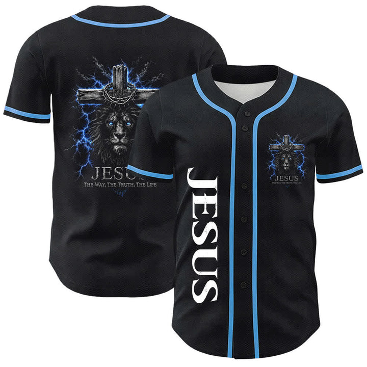 Christianartworkshop: maglia da baseball nera con Gesù Leone e fulmine - Blu celeste - 5XL - image 0