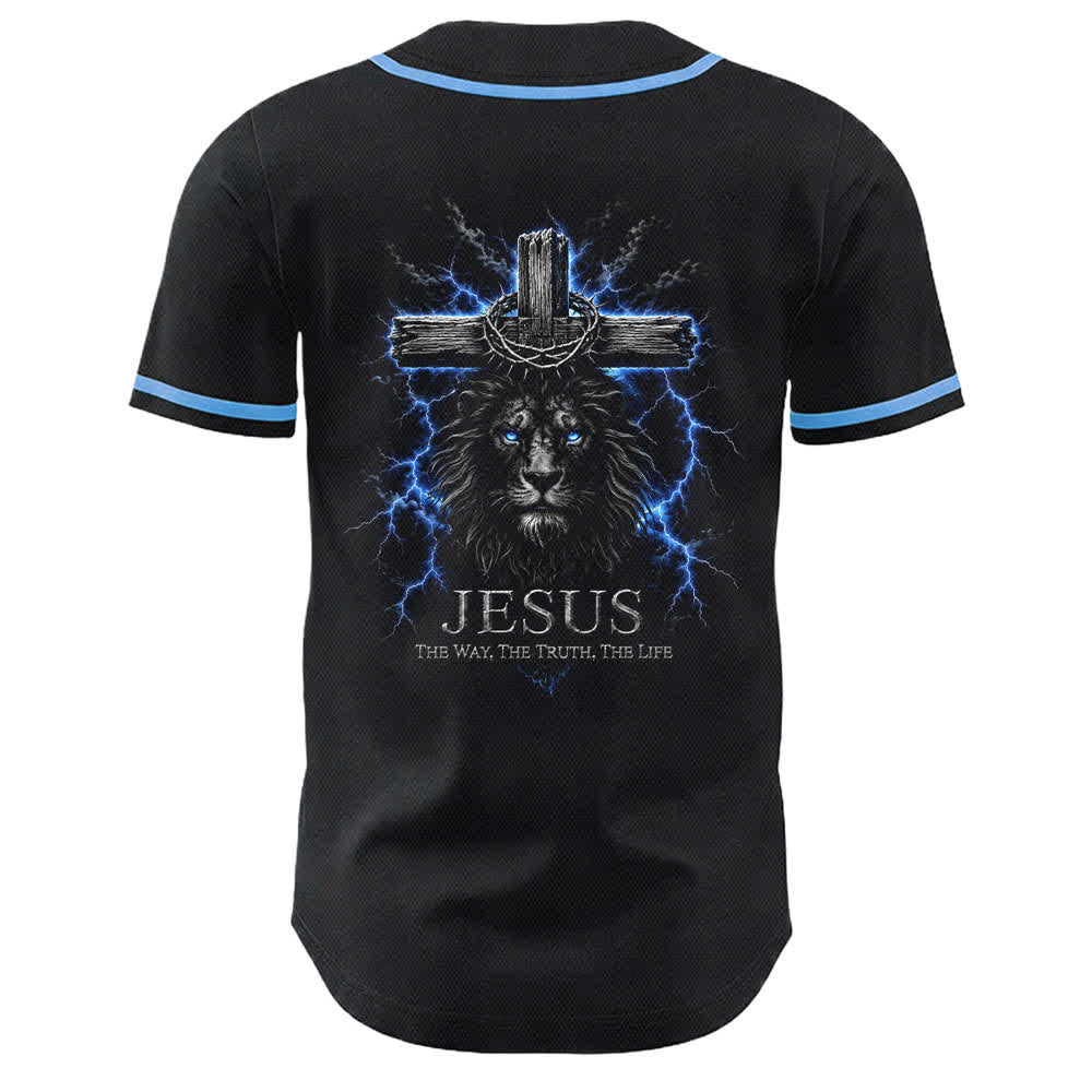 Christianartworkshop: maglia da baseball nera con Gesù Leone e fulmine - image 1