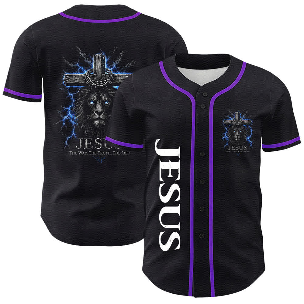 Christianartworkshop: maglia da baseball nera con Gesù Leone e fulmine - Viola - 5XL - image 21